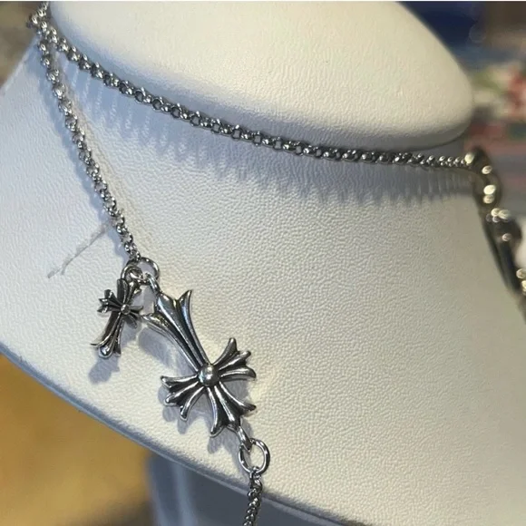 Chrome Hearts CH Silver Triple Cross Rosary Style Necklace Gothic Cross Pendants - Picture 8 of 14